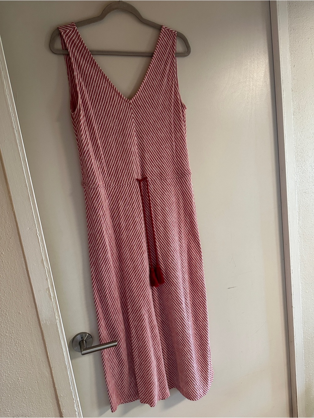 Sleeveless Red Diagonal-Stripe Midi Dress with Tassel Waist